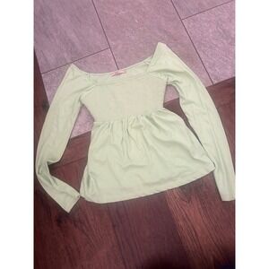 Y2K L.E.I. Juniors Mint Green Smocked Babydoll Long Sleeve Top Square Neck M